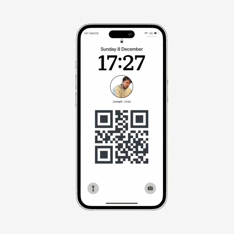 A MyDetails QR code on a phone alongside scan and contact-card screens